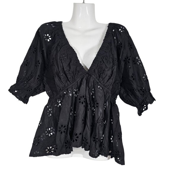 Aemi +‎ Co Peplum Black Eyelet Cotton Blouse with Puff Sleeves Womens L - Picture 3 of 11